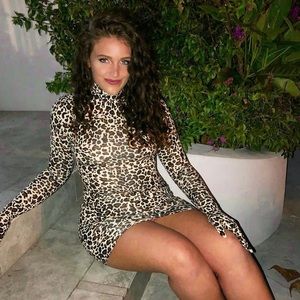 Sexy Long Sleeve Cheetah Print Mockneck Mini Dress with Built-In Gloves